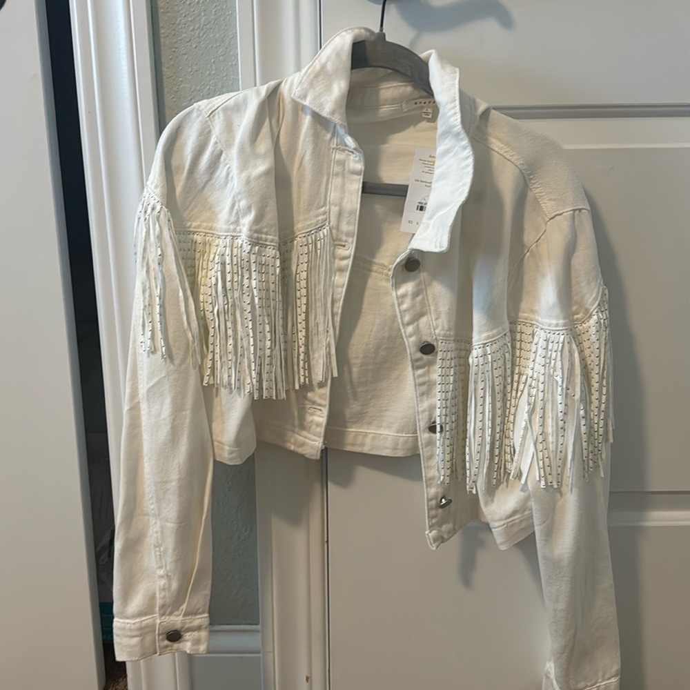 A boutique brand jacket. White/ cream jacket. Size large. Cropped jacket. Denim